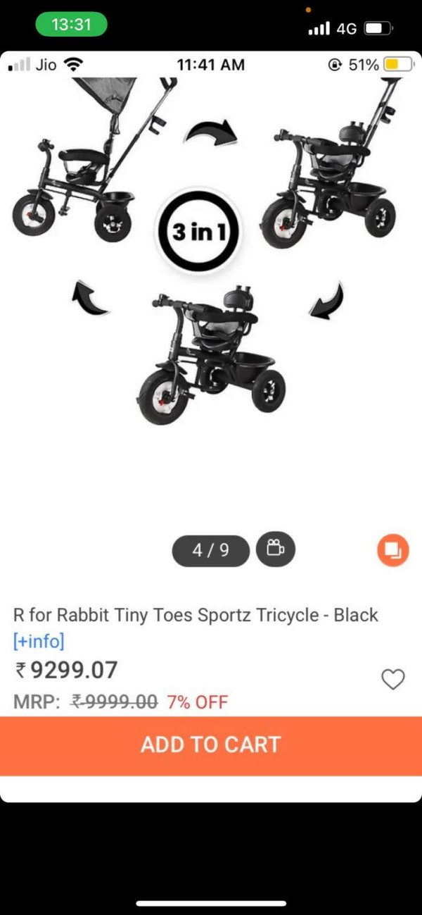 R FOR RABBIT Tiny Toes Sportz Tricycle- Black For Discount